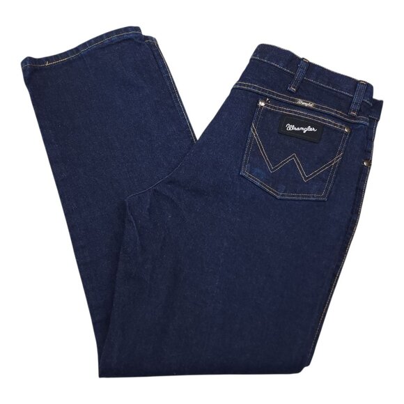 Wrangler Men 36x32 Straight Leg Dark Wash Denim Jeans Black Label Silver Writing - Picture 1 of 9